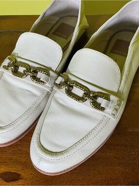 Dolce Vita Cream Loafers with Gold Chain Accent